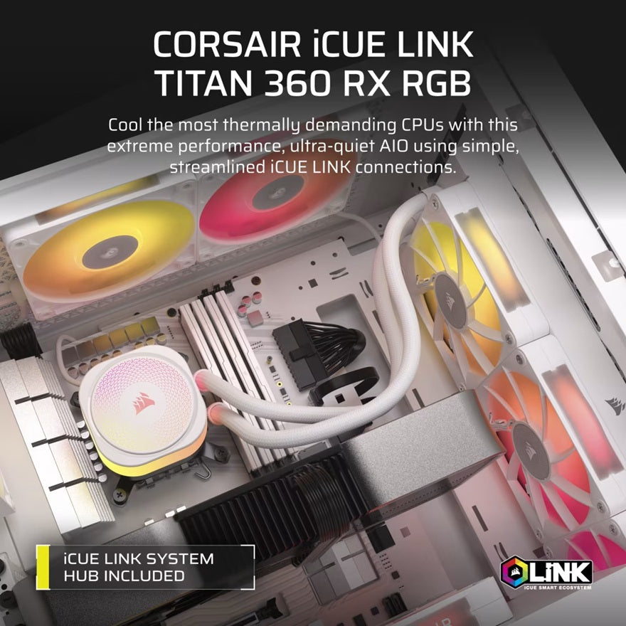 Corsair iCUE LINK TITAN 360 RX RGB AIO White 360mm Liquid CPU Cooler 73.5CFM 2100RPM Aluminum Rad Intel AMD