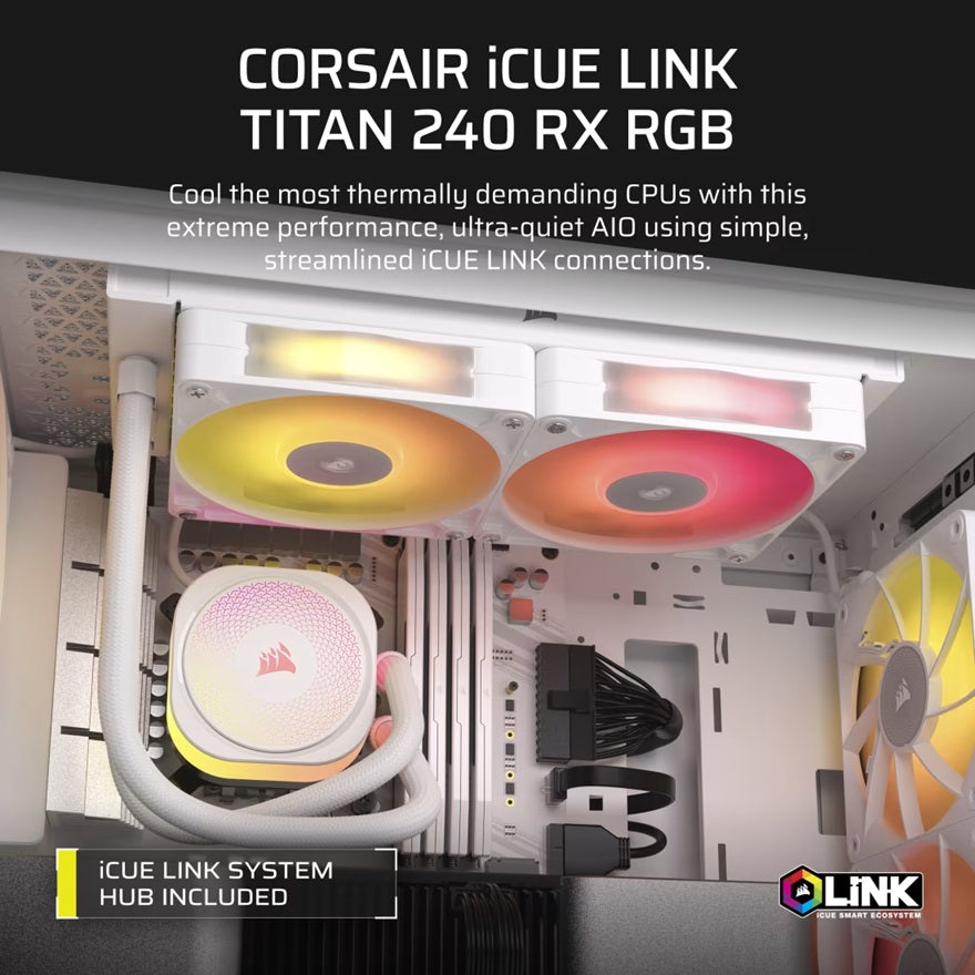 Corsair iCUE LINK TITAN 240 RX RGB AIO White 240mm Liquid CPU Cooler 73.5CFM 2100RPM Aluminum Rad Intel AMD