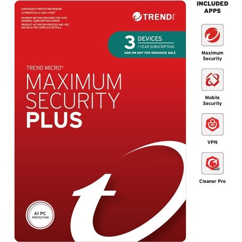 Trend Micro Maximum Security Plus 3 Devices 1 Year Retail — With VPN — Digital Key