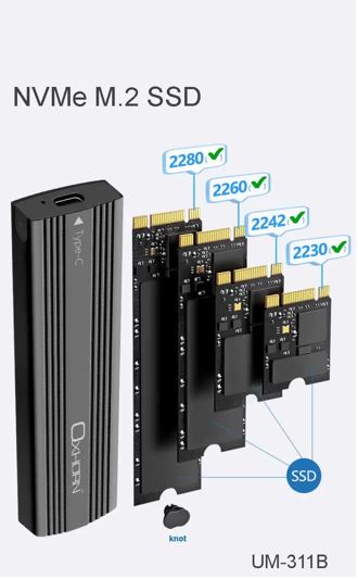 Oxhorn USB-C 3.2 Gen2 M.2 NVMe NGFF Enclosure 10Gbps B+M Key up to 4TB 2230-2280 Aluminium Black Mac Windows 2YR Warranty