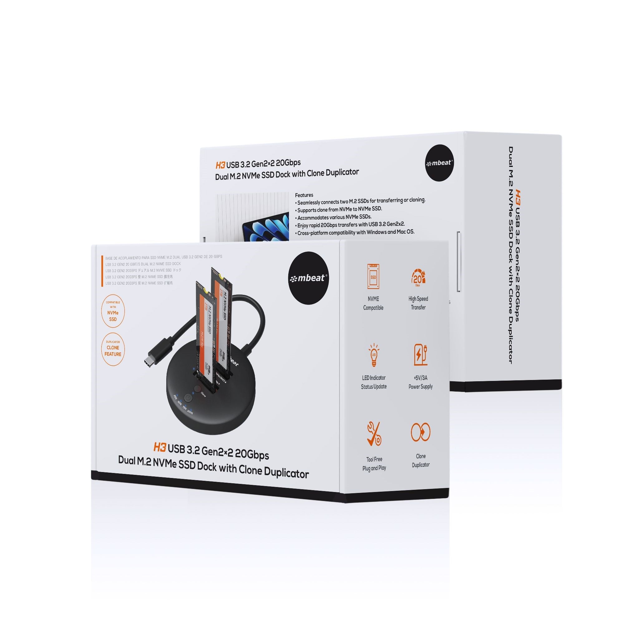 mbeat H3 USB 3.2 Gen2x2 20Gbps Dual M.2 NVMe SSD Dock with Clone Duplicator Black Clone Speed up to 15Gbps
