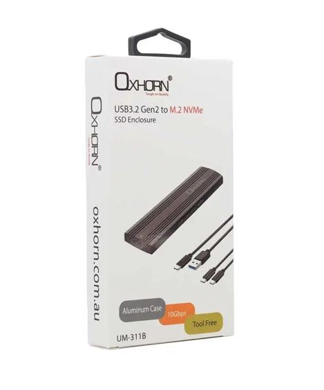 Oxhorn USB-C 3.2 Gen2 M.2 NVMe NGFF Enclosure 10Gbps B+M Key up to 4TB 2230-2280 Aluminium Black Mac Windows 2YR Warranty