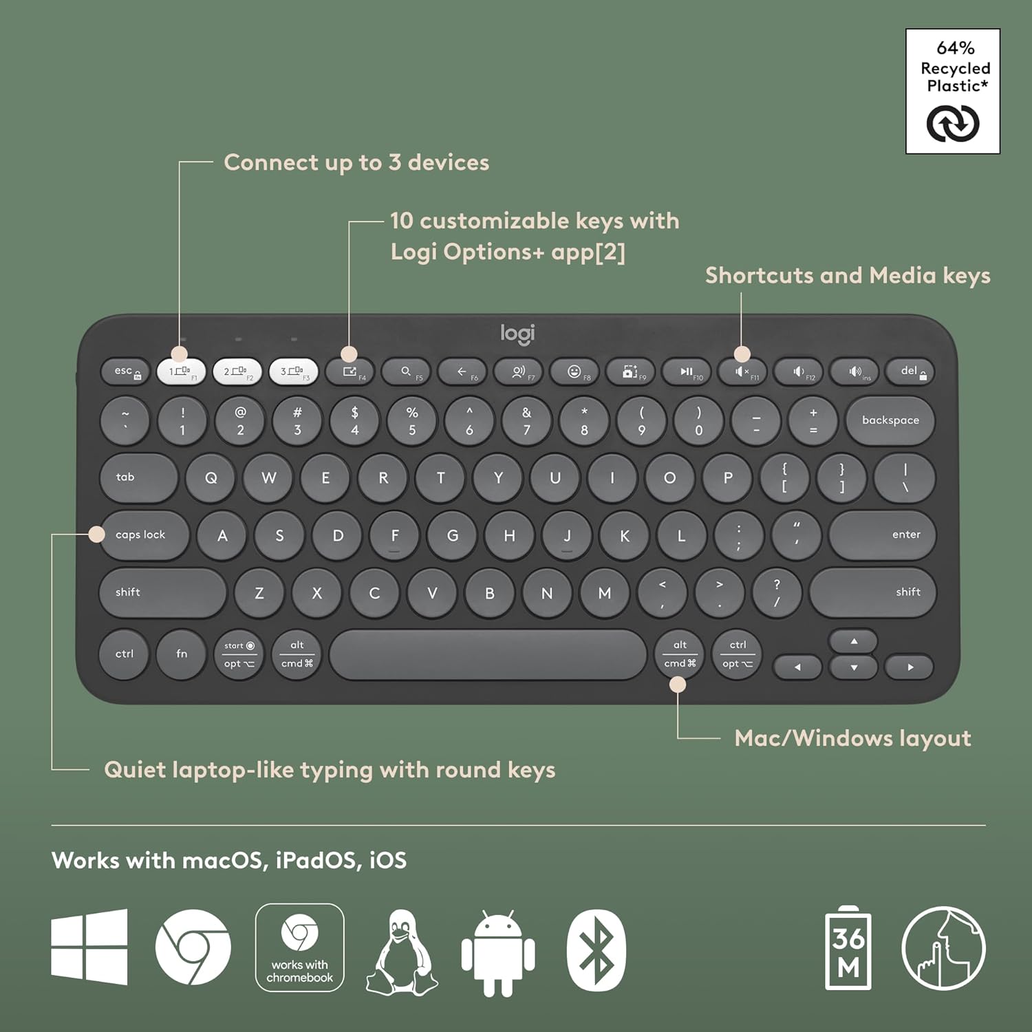 Logitech Pebble Keys 2 K380S Slim Bluetooth Wireless Keyboard - Graphite