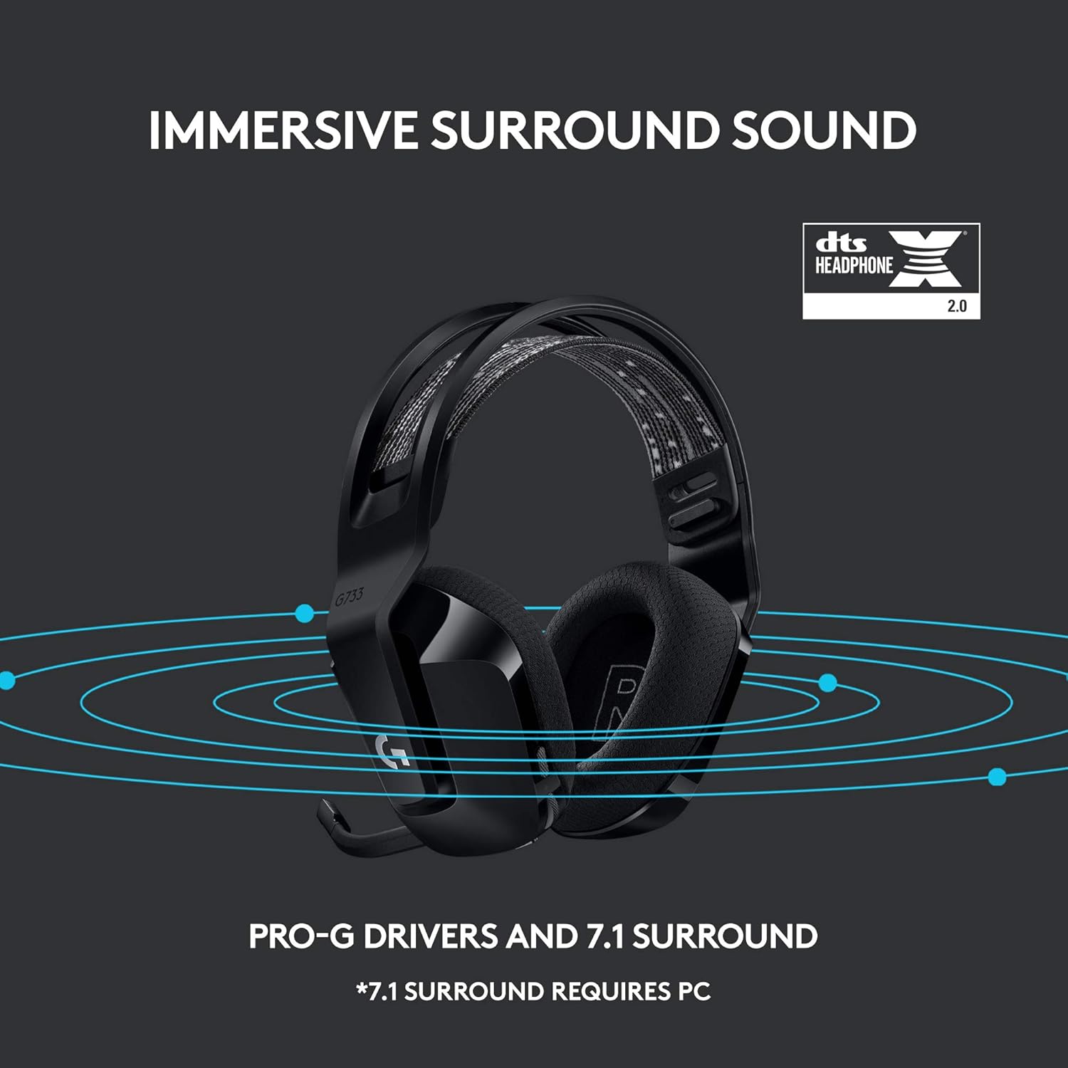 Logitech G733 Lightspeed Wireless RGB Gaming Headset Black USB, Frequency Response: 20 Hz-20 KHz - Detchable Cardioid Unidirectional Microphone
