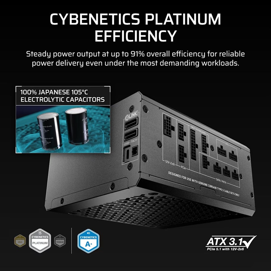 Corsair HX1000i SHIFT 1000W Fully Modular 80+ Platinum ATX 3.1 140mm FDB Fan DSP 4x PCIe 10YR Warranty