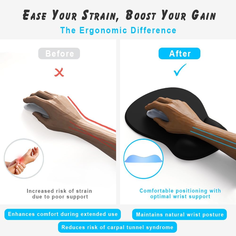 Gel Wrist Rest Mouse Pad - Ergonomic Office Mouse Pad with Wrist Support - Non-Slip, Design Desktop Accessory Pad for Home & Game Decoration (01 Black)