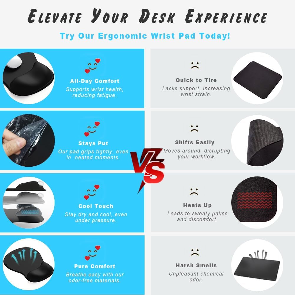 Gel Wrist Rest Mouse Pad - Ergonomic Office Mouse Pad with Wrist Support - Non-Slip, Design Desktop Accessory Pad for Home & Game Decoration (01 Black)