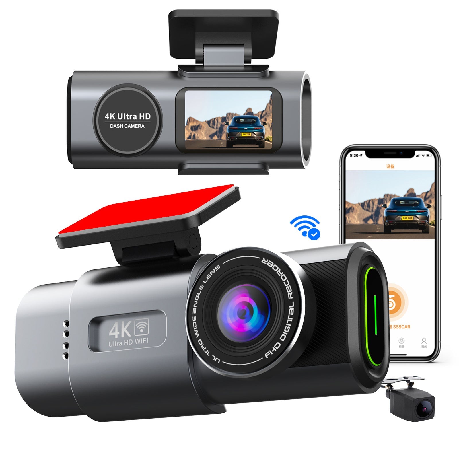 4K UHD Wi-Fi Dash Cam with Super Night Vision, G-Sensor and 64GB SD Card