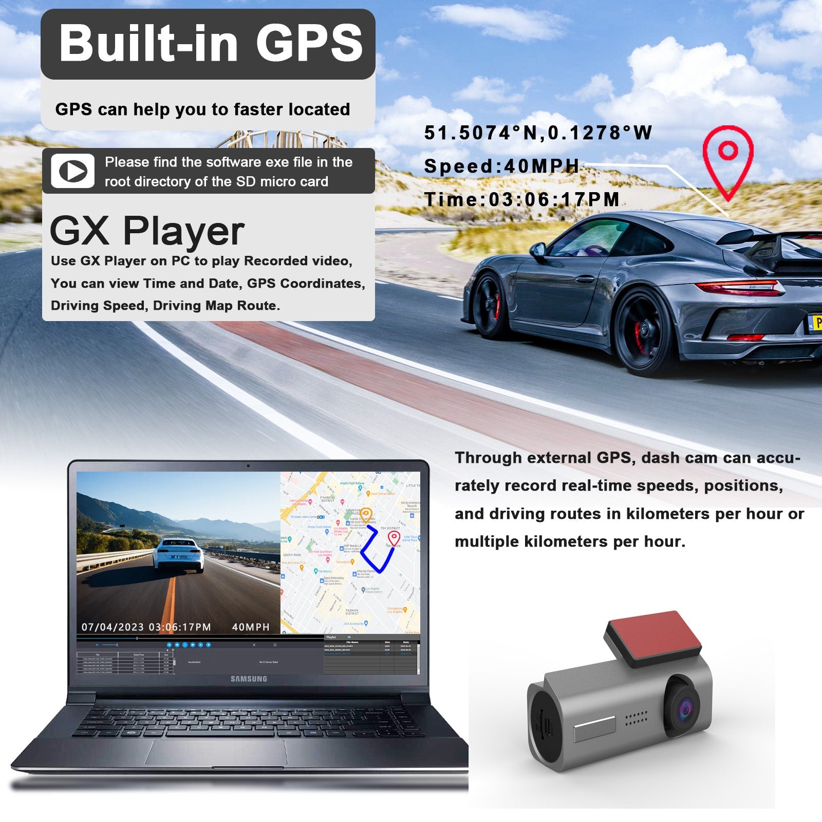 4K UHD Wi-Fi Dash Cam with Super Night Vision, G-Sensor and 64GB SD Card