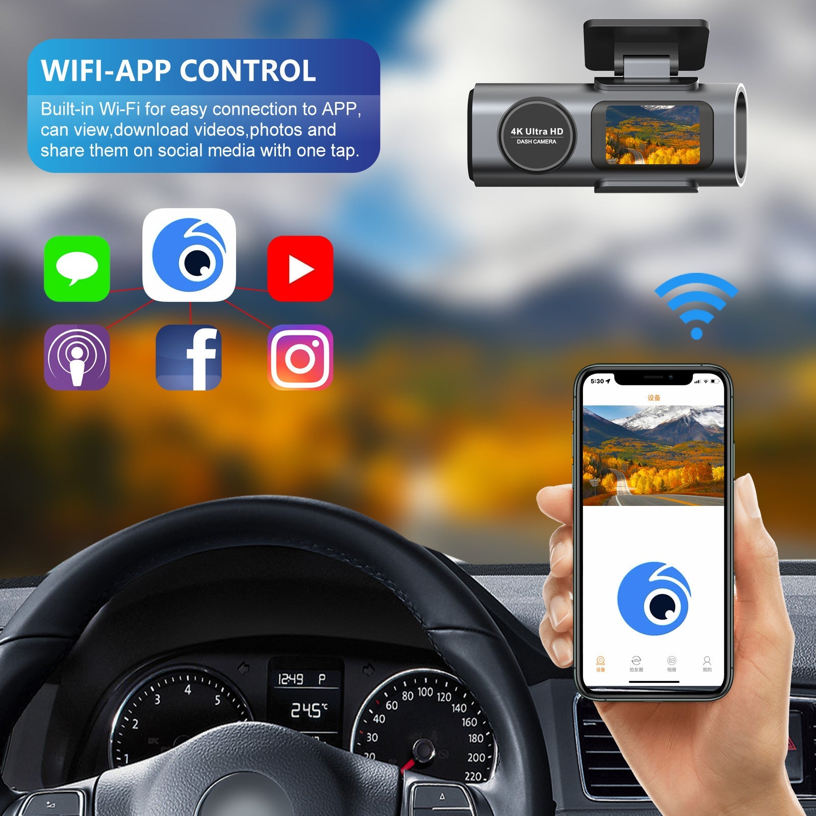 4K UHD Wi-Fi Dash Cam with Super Night Vision, G-Sensor and 64GB SD Card