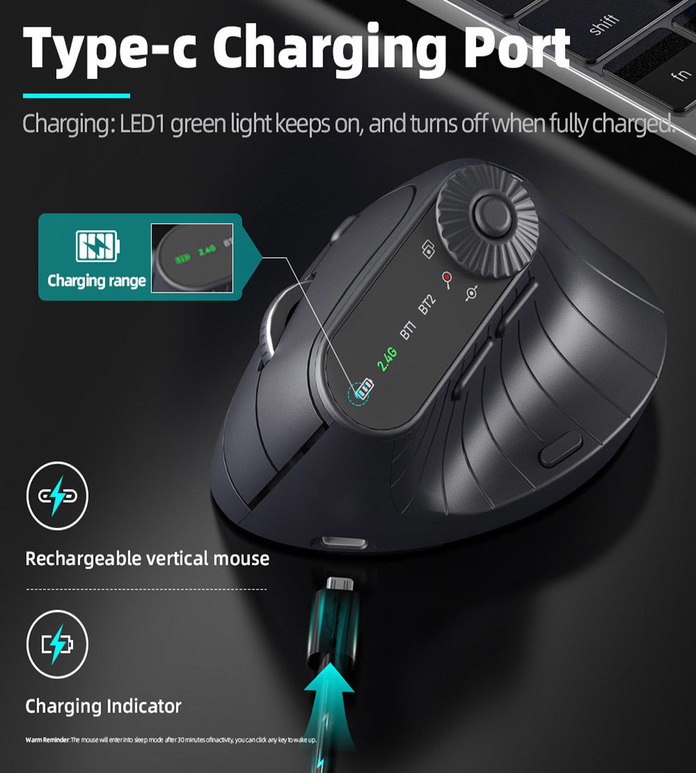 Ergonomic Vertical Mouse - 2.4G/Bluetooth Multi-Mode, LED Display, 57-Degree Angle, & 400mAh Battery(Beige)