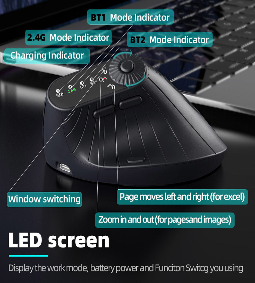 Ergonomic Vertical Mouse - 2.4G/Bluetooth Multi-Mode, LED Display, 57-Degree Angle, & 400mAh Battery(Black)