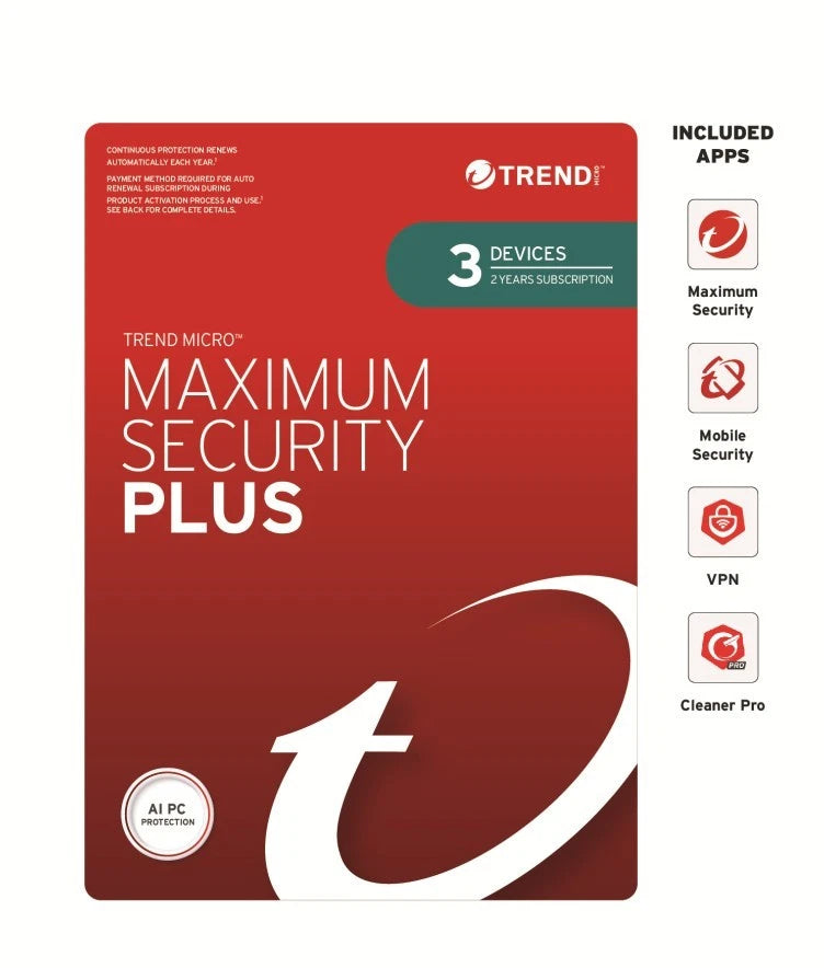 Trend Micro Maximum Security Plus 3 Devices 2 Years — With VPN — Digital Key